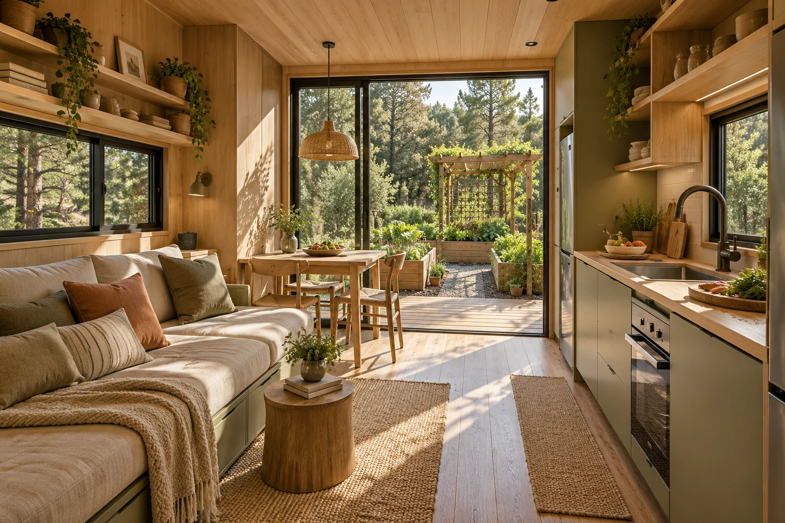 Kompakt ahşap tiny house iç mekânı; konsept görsel